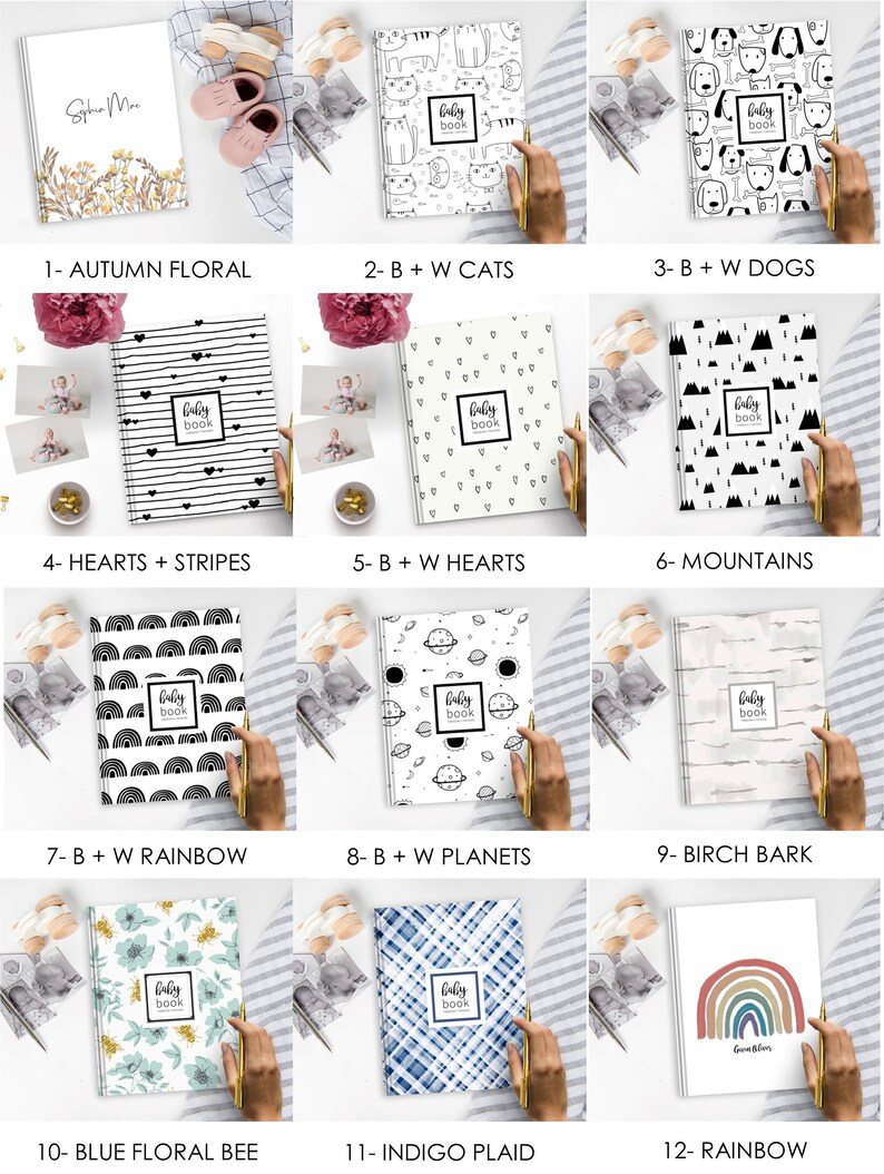 May include: Twelve different baby book covers with various designs. The covers are white with black and white designs, including floral, cats, dogs, hearts, stripes, mountains, rainbows, planets, birch bark, blue floral bee, and indigo plaid. The text 'baby book' is printed on each cover.