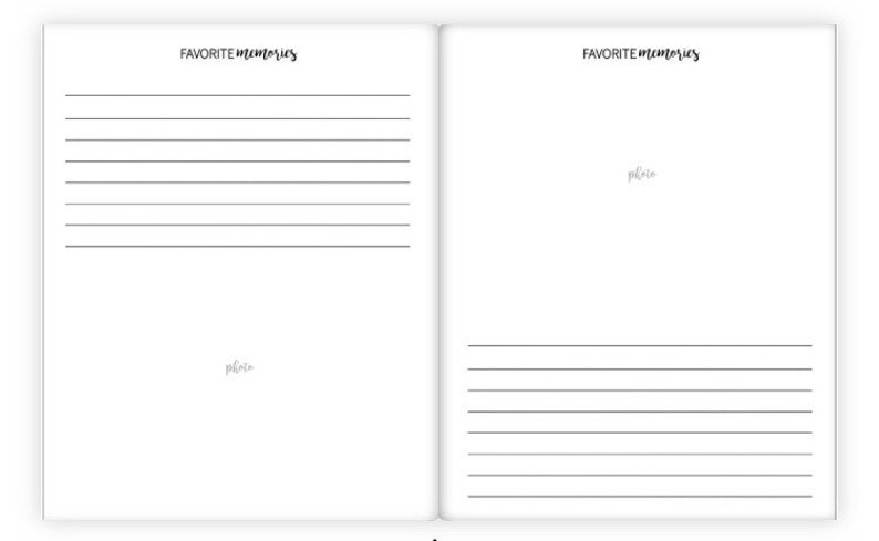 May include: A blank, white journal with lined pages for writing down favorite memories. The journal has the words "FAVORITE memories" written at the top of each page. The word "photo" is written at the bottom of each page.
