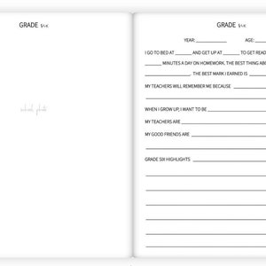 May include: A black and white printable worksheet for students to reflect on their sixth grade year. The worksheet includes prompts such as "I go to bed at... and get up at...", "The best mark I earned is... in...", "When I grow up, I want to be...", "My teachers are...", "My good friends are...", and "Grade six highlights..."