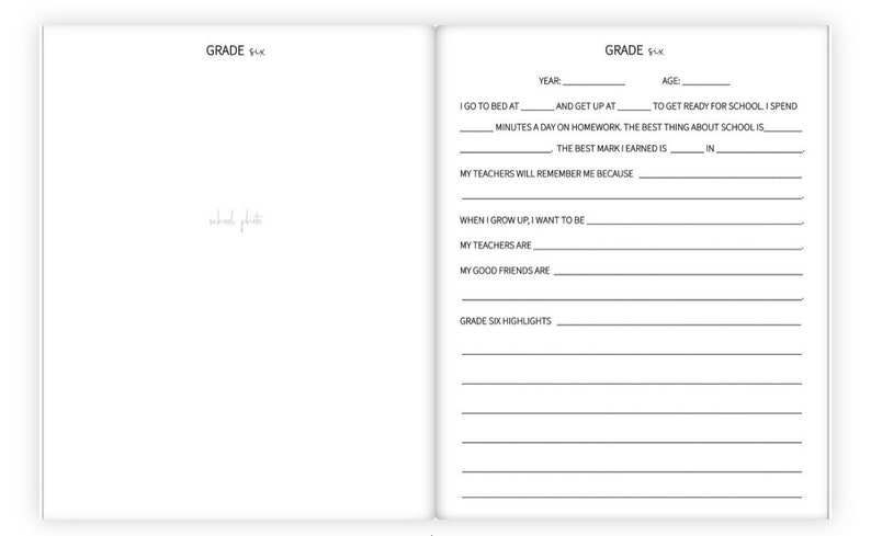 May include: A black and white printable worksheet for students to reflect on their sixth grade year. The worksheet includes prompts such as "I go to bed at... and get up at...", "The best mark I earned is... in...", "When I grow up, I want to be...", "My teachers are...", "My good friends are...", and "Grade six highlights..."