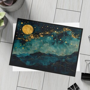 Lot de cartes de voeux personnalisables paysage océanique pleine lune, lot personnalisé de cartes postales lune céleste noire
