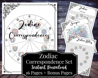 Zodiac Correspondences Printable Set, Astrology Grimoire (Digital Download)