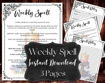 May include: Printable weekly spell ritual guide with instructions for setting intentions, visualizing, and focusing energy. Includes three pages with a black and white floral design and a watercolor candle illustration.