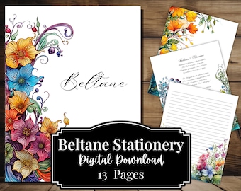 May include: A digital download of 13 printable pages of stationery featuring a floral design with a watercolor style. The design features a variety of flowers in shades of blue, yellow, purple, and pink. The text "Beltane" is written in cursive at the top of the page. The text "Beltane Stationery Digital Download 13 Pages" is written in black on a black background.