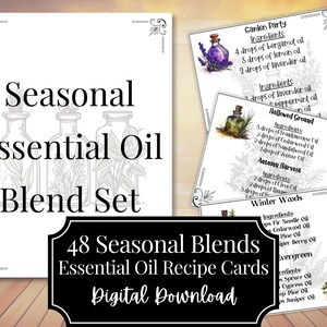 以下が含まれることがあります： 48枚の印刷可能なエッセンシャルオイルブレンドレシピカードのセット。カードはヴィンテージなデザインで、ボトルとハーブのイラストが描かれています。カードは季節別に整理されています：ガーデンパーティー、ハロウドグラウンド、オータムハーベスト、ウィンターウッズ。各カードには、ブレンドの成分が記載されており、各エッセンシャルオイルの滴数が含まれています。