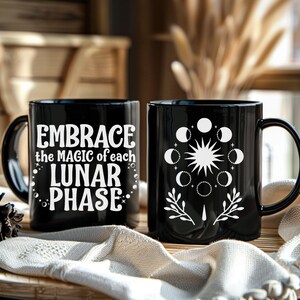 Moon Phase Coffee Mug Black Lunar Magic Quote Mug Gift for Moon Lovers