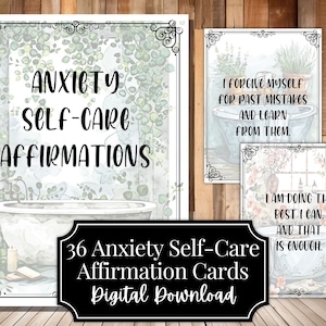 Ansiedad Autocuidado Tarjeta de afirmación imprimible Conjunto Alivio diario del estrés Páginas de descarga digital Bienestar positivo Flashcard Cita de salud mental