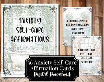 May include: A collection of self-care affirmation cards with watercolor illustrations. The main card reads "Anxiety Self-Care Affirmations" above a bathtub scene. Additional cards display positive affirmations like "I forgive myself." The set is a digital download.