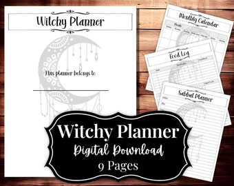 May include: A black and white printable witchy planner with a crescent moon and dreamcatcher design. The planner includes a monthly calendar, food log, and sabbat planner. The text "Witchy Planner" and "Digital Download" is printed on the cover. The text "9 Pages" is printed below the title.