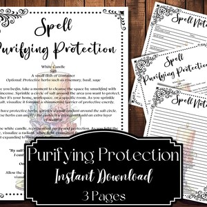 Puede incluir: Hechizo imprimible para purificar y proteger con una vela blanca, sal y hierbas opcionales. El imprimible incluye una página de notas de hechizo para registrar detalles. El texto dice "Hechizo de purificación y protección" y "Descarga instantánea 3 páginas".