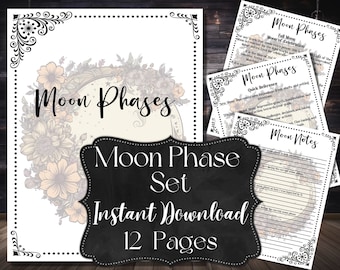 Moon Phases Printable Set | Lunar Cycle Guide, Grimoire Pages (Digital Download)