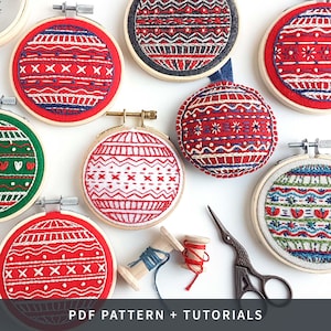 PATTERN + TUTORIALS Christmas Balls Hand Embroidery, 3 x Designs, PDF Instant Download, Xmas Ornament, Christmas Decorations, Kushimari 060