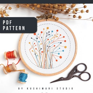 PDF PATTERN Abstract Embroidery with Flowers, Modern Black & White or Retro Colors, Lines and Dots, Instant Download Kushimari 005