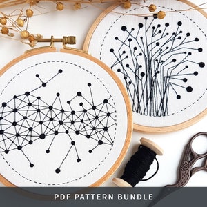 2 x Hand Embroidery Pattern BUNDLE, Lines and Dots, PDF Patterns, Pattern Only, Abstract Network+Flowers, Pdf Download, Kushimari B 005 010
