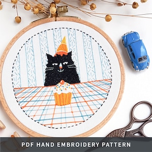 Birthday Cat Hand Embroidery PATTERN, PDF Design With Happy Cat and ...