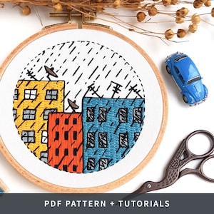 Cartoon City Hand Embroidery PATTERN + TUTORIALS, PDF Design, Instant Download, Modern City Buildings, Contemporary Craft Kushimari 002