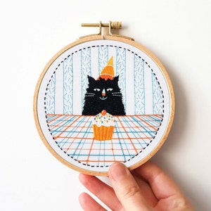 Birthday Cat Hand Embroidery PATTERN, PDF Design With Happy Cat and ...