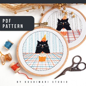 Birthday Cat Hand Embroidery PATTERN, PDF Design With Happy Cat and ...