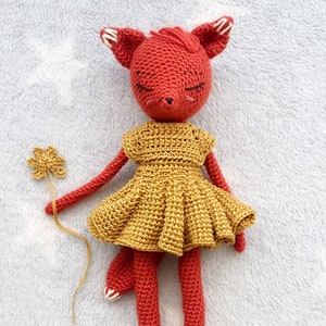 Amigurumi crochet pattern Alicia the foxdoll with a dress and a pair of shoes