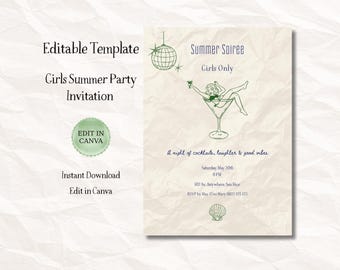 Plantilla de invitación para fiesta de verano, cóctel o noche de chicas (descarga digital)