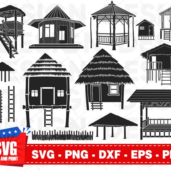 15 BEACH HUTS svg bundle, BAMBOO house, bamboo cutting, wooden house, tree house, silhouette svg, vector, stencil, home dxf hut iron-on