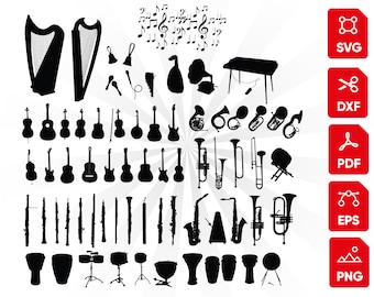 68 MUSIC INSTRUMENTS svg Bundle, audio svg, entertainment equipment svg, harp svg, musical objects svg, orchestra svg, rock svg, sax, guitar