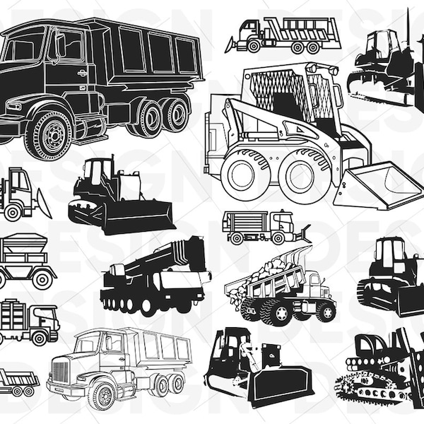 16 Heavy equipment svg, construction svg, vehicles svg, dump truck svg, transport svg, tractor svg, svg cutting files, silhouette, vector