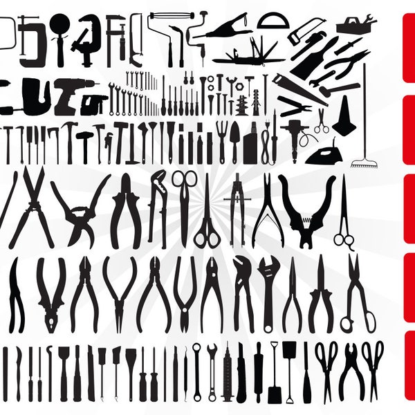 157 TOOLS svg, INSTRUMENTS svg, EQUIPMENT svg, spanner, wrench, screw nut, bolt, clincher, electric drill, hook, pincers, iron, marke, saw