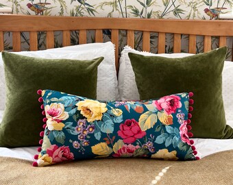 Sanderson Chelsea bright cushion cover with pompoms long cushion