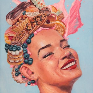 May include: An oil painting of a smiling face with freckles, adorned with a headpiece made of various pastries, including an eclair, doughnuts, and blueberries, with pink liquid splashing behind the head against a light blue background.