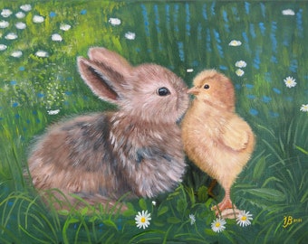 Oil painting "Best friends", Irina Bogdanova, bunny, rabbit, oil painting, easter, cute animals, funny animals, bird, children rooms
