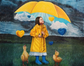 Oil painting “Magic umbrella”, Irina Bogdanova, cute painting, artist from Ukraine, cut girl, duck painting, Fantasy art, umbrella painting