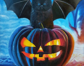 Oil painting “Kitten and Halloween”, Irina Bogdanova, oil painting, halloween pumpkin, halloween costumes, kitten, pumpkin, magic, fantasy