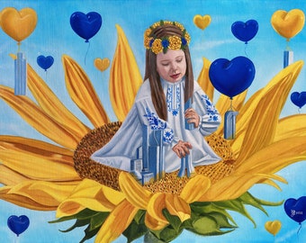 Oil painting "Revival flower", Irina Bogdanova, Ukraine, artist from Ukraine, girl, sunflower, child