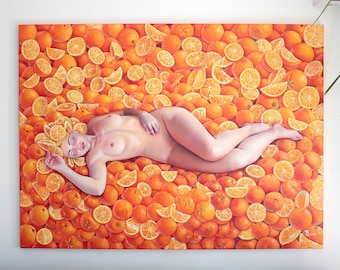 Oil painting Orange Dream, Tetiana Bogdanova, Siesta, naked nature, Dessert Girls, surrealism, Room Decor, wall & decor