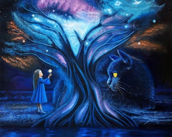 Oil painting "Dream and the tree of the universe", Irina Bogdanova, artist from Ukraine, fantasy, magic, universe, stars, cat, universe