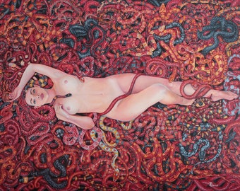 Oil painting Medusa Gorgon, Tetiana Bogdanova, naked nature, Greek mythology, red snake, Room Décor, wall & decor