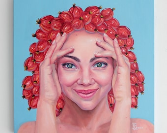 Oil painting Gooseberry, Tetiana Bogdanova, Kyiv Ukraine, Ukraine Artist, Dessert Girls, pastel colors, smile, cafe decor, Self portrait