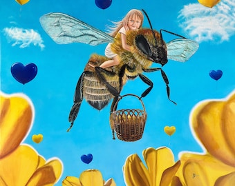Oil painting "Bee", Irina Bogdanova, Fantasy art, fabulous painting, fabulous pictures, yellow, Ukrainian artist, flying on a bee, cute girl