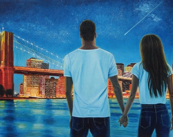 Oil painting “Bridge of Destiny”, Irina Bogdanova, oil painting, night sky painting, brooklyn bridge painting, New York art, lovers, love