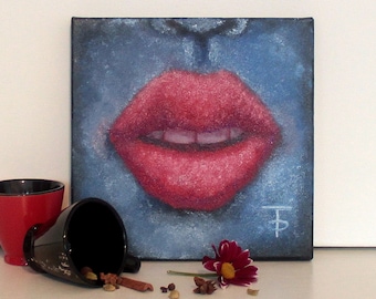 Oil paintings Kiss in the dark, Tetiana Bogdanova, lips, kiss, blue and black, Kyiv Ukraine, Ukraine artist, oil painting, wall decor