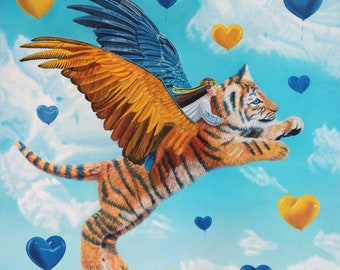 Oil painting "Winged tiger cub", Irina Bogdanova, Winged tiger cub, fairy tale, Ukrainian artist, flight, little girl, air balloons, clouds