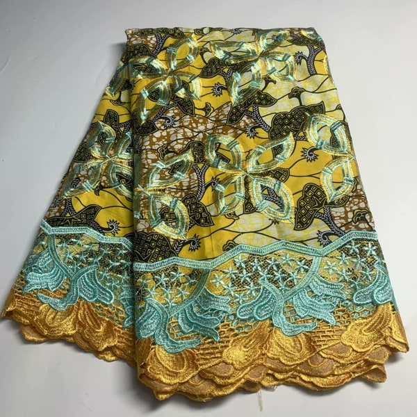 Tissu exquis pour robe de mariée du Nigeria - 6 mètres d'impression à la cire d'Ankara avec dentelle, tissu pour robe de mariée du Nigeria