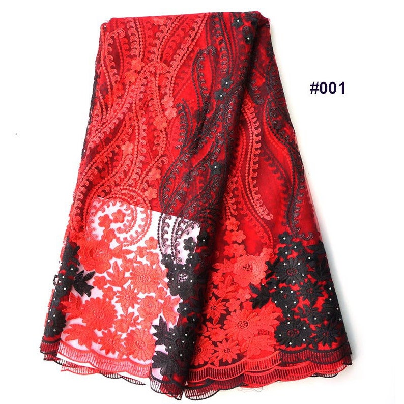 Red with black African Lace Fabric Tulle African French Lace 5 yardslot for african party dress