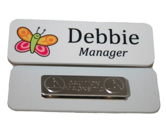 Personalised FR Plastic Name Badge 7.6x2.5cm Work Badges Magnet or Pin Back Custom printed