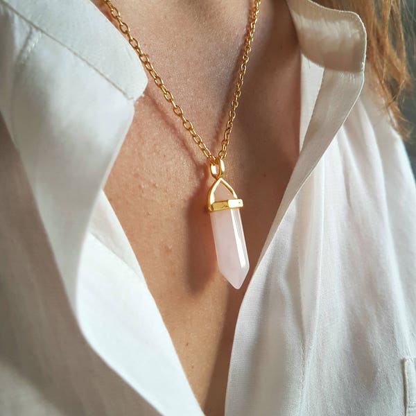 Pink quartz pendant necklace, collier avec pendentif Quartz rose