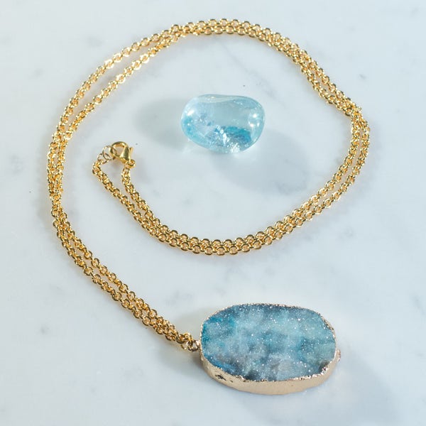 Collier long Amazonite bleu vert Druzy 24K or plaqué pendentif électrolytique