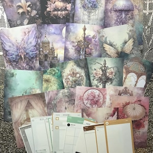 Sobras de papel para scrapbooking de vários conjuntos 34 peças. Lindos papéis fofos Junk Journaling Fantasy 19 peças. Tecnologia 15 peças.