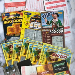 Zestaw 18 zdrapek i innych kuponów loterii Ukraine Loto