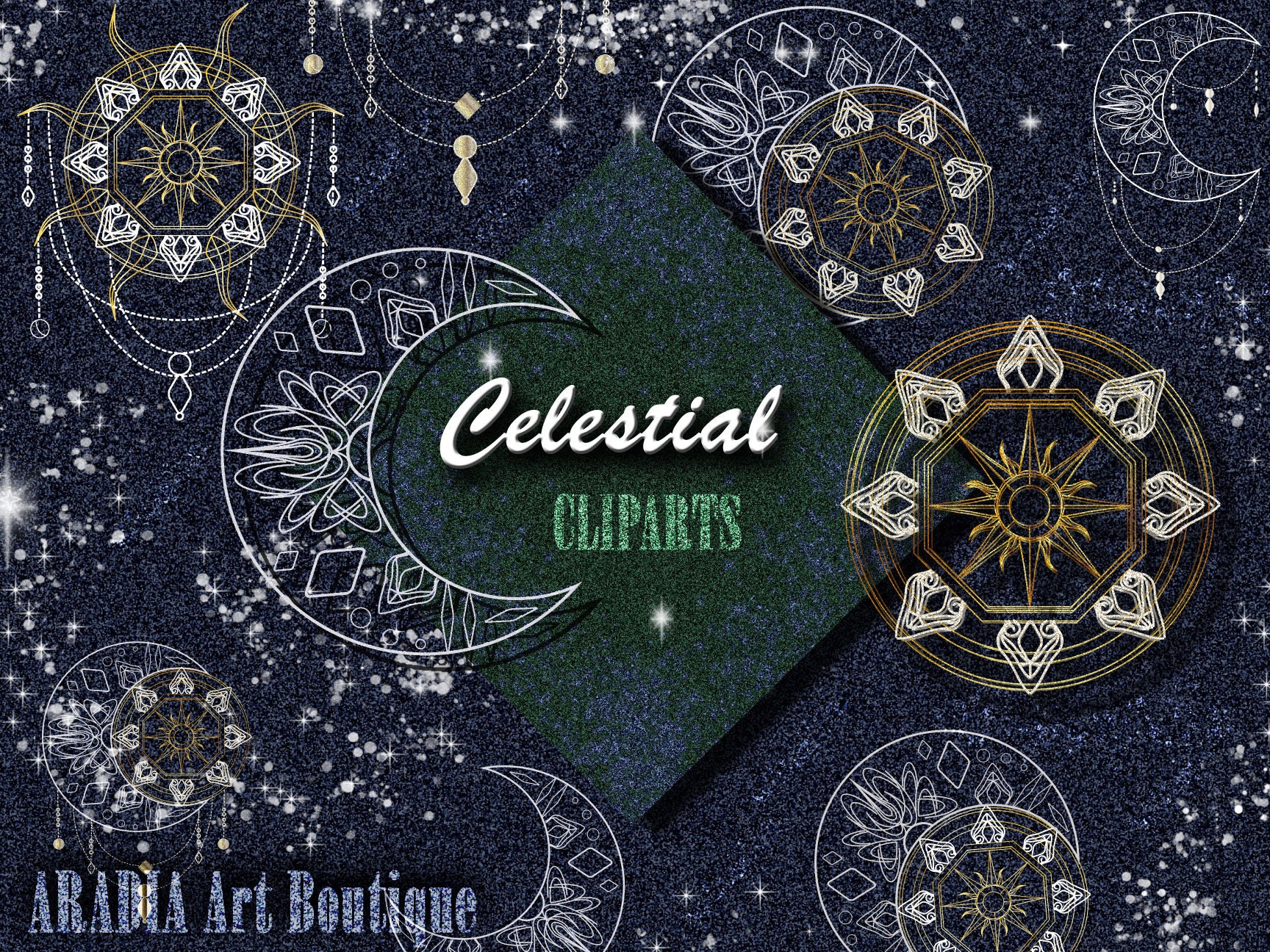 Celestial Clipart Sun Moon Illustration Night Sky Clip Art Galaxy Transparent Background Glitter Border Sparkle Frame